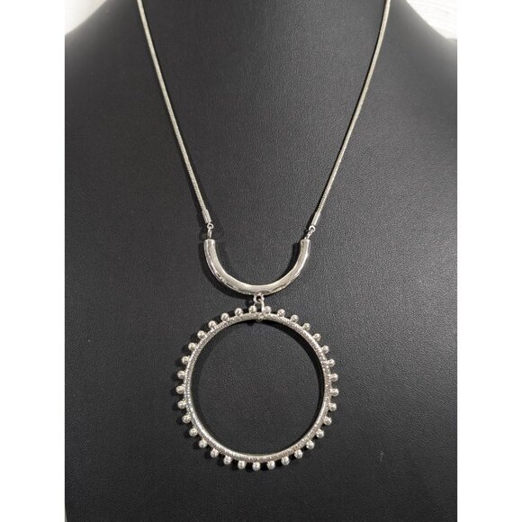 Cato Necklace Silver Tone Open Circle Pendant Modern Statement Jewelry 23" - Picture 2 of 8